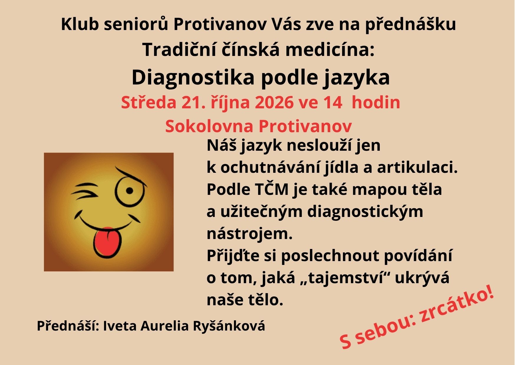 Plakát přednášky Tradiční čínská medicína: Diagnostika podle jazyka – Sokolovna Protivanov, 21. října 2026