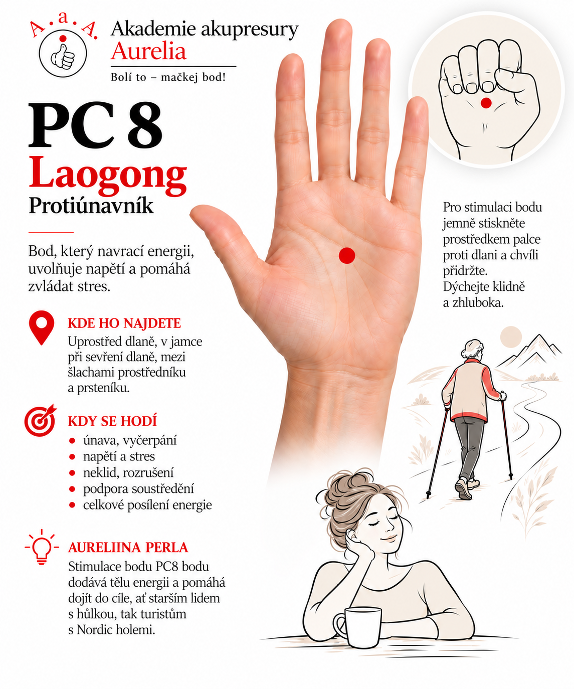 Akupresurní bod PC8 Laogong – protiúnavník